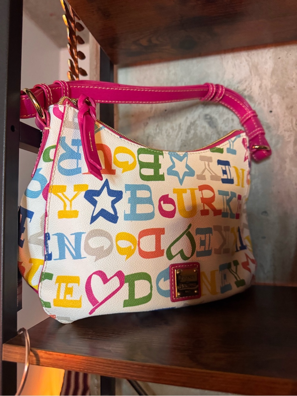 Dooney & Bourke Multicolor Logo Shoulder Bag with Pink Trim